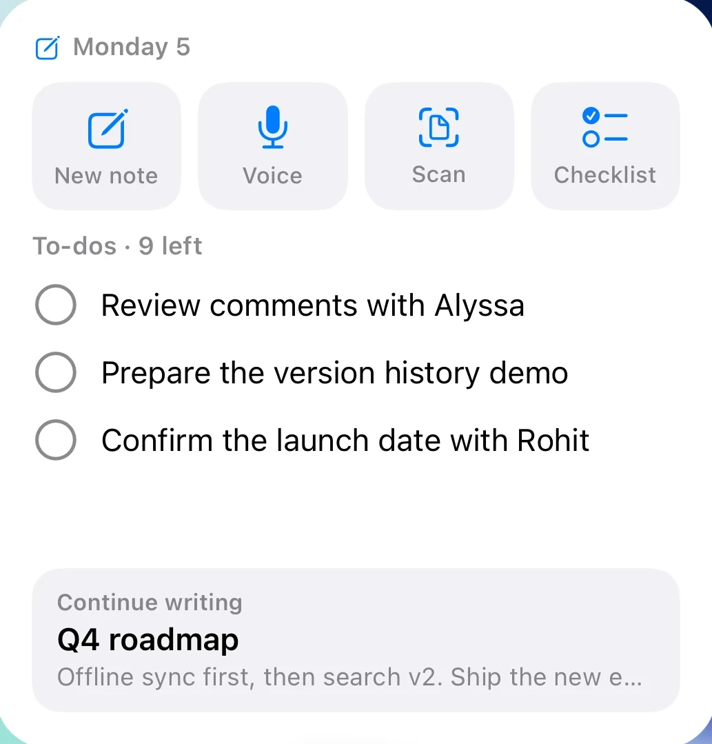 The Zimoma Home Screen widget: new note, voice, scan and checklist above today’s to-dos
